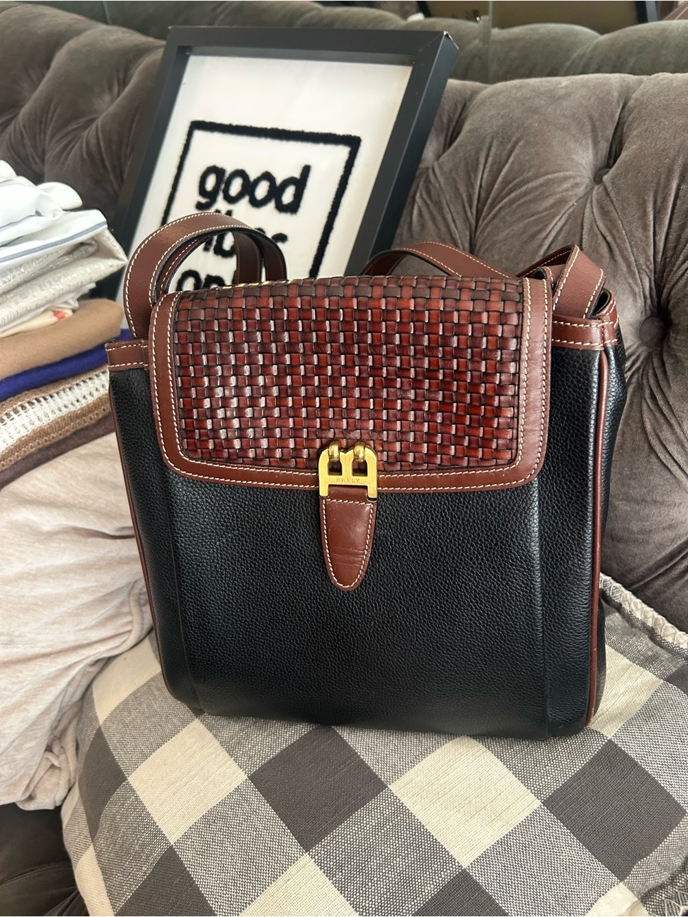 Bally Black and Brown Woven-Flap Messenger Bag with Gold Hardware